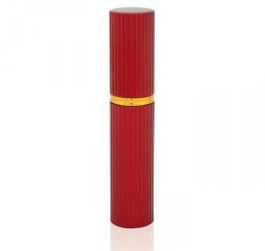 REFILLABLE RED CARVED ALIMINUM PERFUME SPRAY. PURSE SIZE ATOMIZER. L-1 / 5 ML